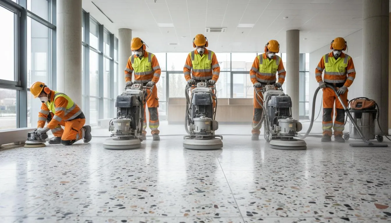 Equipo profesional puliendo terrazo